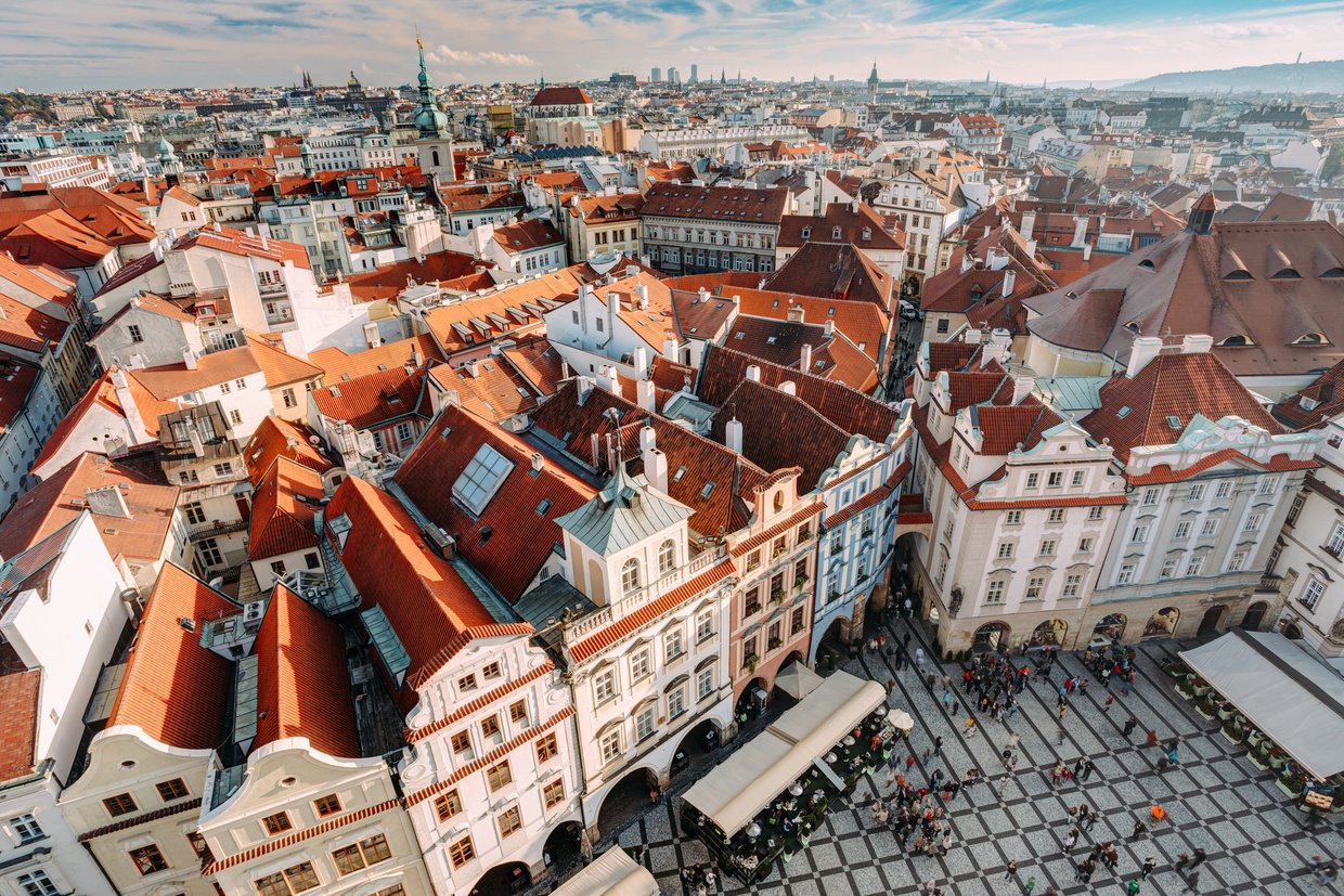 Cityscape of Prague, Czech Republic. View viewpoint  old hall tower